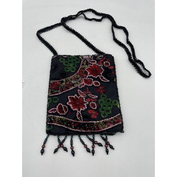 Handbags - Black Velvet Beaded Crossbody Bag Floral Embroidery Fringe Accents 21" Strap Dro